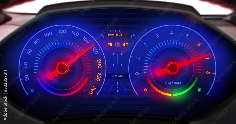 Poster sport car speedometer and tachometer pushing the limits. powerful v8 engine working in flames. techn
