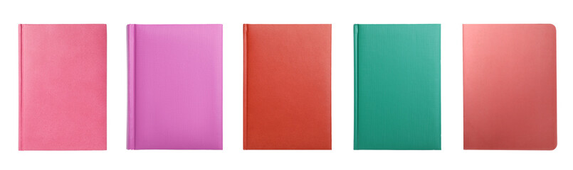 Set with stylish colorful notebooks on white background, top view. Banner design
