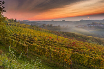 Fototapeta na wymiar Amazing sunset over the Langhe, famous vineyard UNESCO area of Piedmont, Italy during autumn