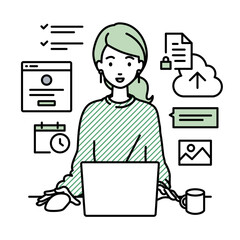 デスクで座ってPCでプロジェクトやタスクの管理の仕事をしているリモートワークの女性