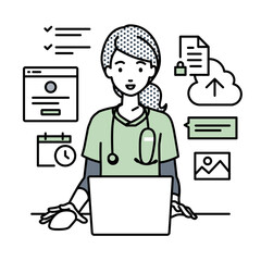 デスクで座ってPCでプロジェクトやタスクの管理の仕事をしている看護師の女性