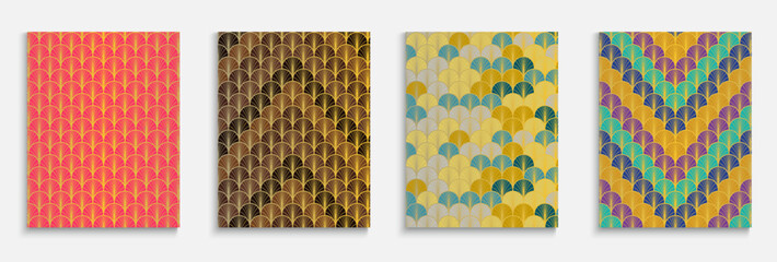 Chinese Gold Fan Funky Cover Set. Japanese Ancient Folder Set. Geometric Stripes Layout. Trendy Dynamic Deco Textile Backgroud. Luxurious Halftone Print. Bright Color Vintage A4 Frame.