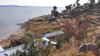 Promenade sur la presqu’île de Copacabana dans le lac de Titicaca, de terrains agricoles et de...