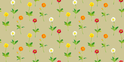 ポピー（ヒナゲシ）のシームレスパターン　春の花柄の手描き水彩イラストテキスタイル