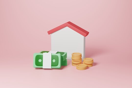 House and stacking coins and banknotes on pink background. Real estate asset financial budget or business investment, Money saving for buying home, property rental mortgage loan planning. 3d rendering