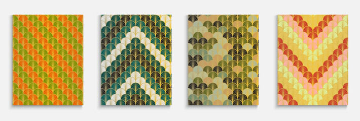 Fototapeta premium Chinese Golden Fan Simple Cover Set. Luxurious Halftone Frame. Minimal Dynamic Geo Textile Backgroud. Asian Vintage Template Set. Bright Color Ethnic A4 Design. Kimono Stripes Poster.