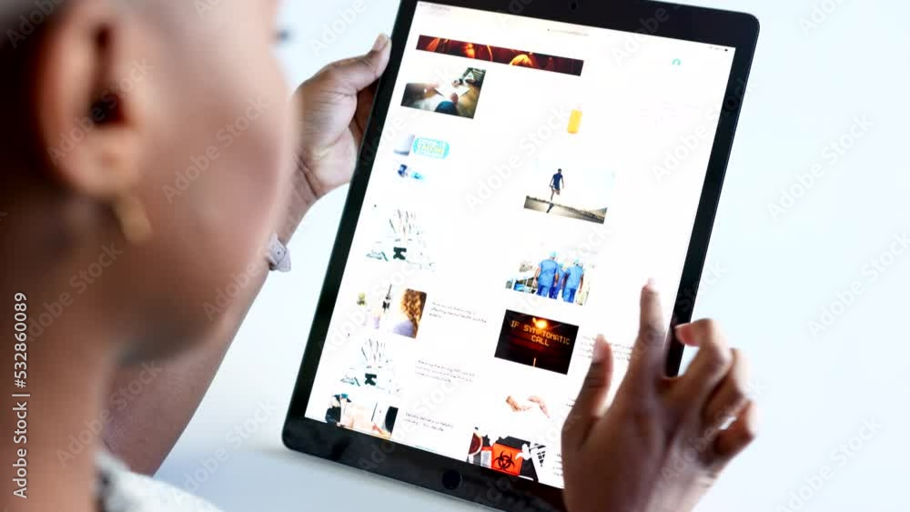 Poster Hands, tablet and news with a woman reading on a website and doing research on current events. Headline, article and information with the hand of a female user browsing the internet with an app