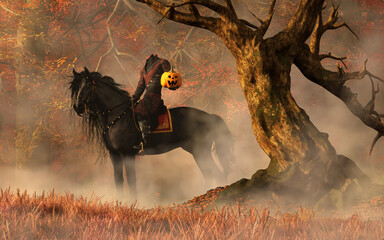 The Headless Horseman sits upon his black horse holding a jack-o-lantern, a twisted tree next to him. 3D Rendering - obrazy, fototapety, plakaty
