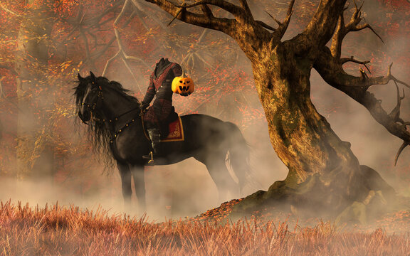 The Headless Horseman sits upon his black horse holding a jack-o-lantern, a twisted tree next to him. 3D Rendering