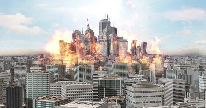 An Exposion In A Crowded City. World War 3 Started. War And Destruction Related CG Concept.
