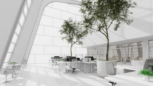 Animation of minimal style modren white high and open workplace 3d render The room is comfortable and bright with natural light from many windows furnished with black and white furniture