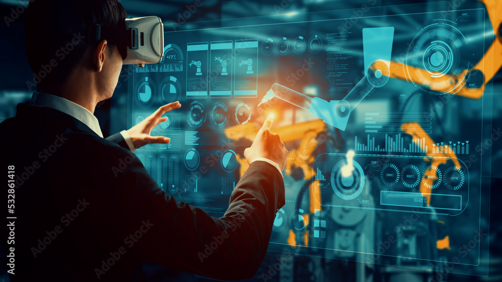 Poster engineer use cybernated robotic software to control industry robot arm in factory . automation manuf