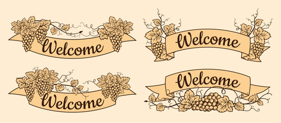 Welcome ribbon and grape vine set. Tape collection, decorative web icon kit of text banner. Label tag, scroll stripe vintage craft background invitation party. Engraving clipart graphic element © neliakott