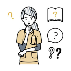 立って手をあごにあてて疑問を感じている看護師の女性 クエスチョンマークのセット