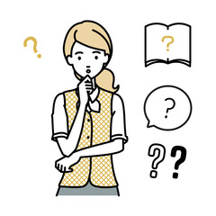 立って手をあごにあてて疑問を感じている事務員制服の女性 クエスチョンマークのセット