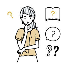 立って手をあごにあてて疑問を感じているオフィスカジュアルの女性 クエスチョンマークのセット