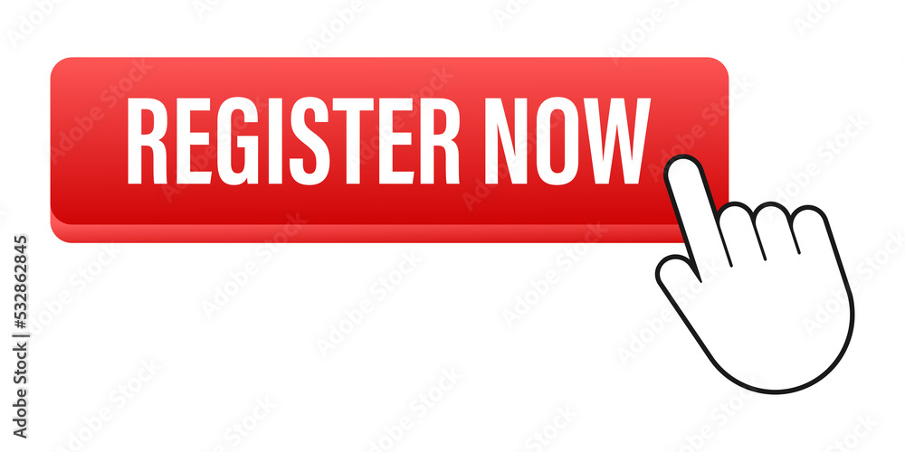 Poster register now with cursor button. internet icon. pointer click icon. stock illustration.