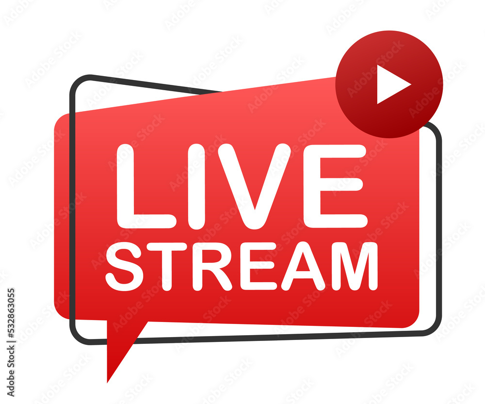 Sticker Live stream flat logo - red  design element with play button.  illustration