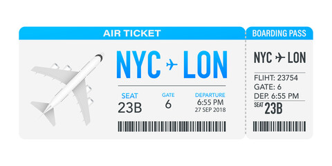 Airline boarding pass tickets to plane for travel journey. Airline tickets.  stock illustration. - obrazy, fototapety, plakaty