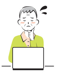 パソコン操作で困っているシニア男性　3c