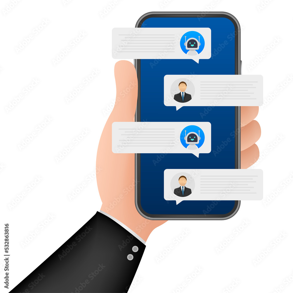 Poster chat bot robot concept on smartphone screen. template chat, message. ai - artificial intelligence. s
