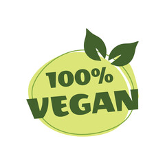 100 % Vegan products sticker, label, badge and logo. 
Logo template with green leaves for vegan products. Vector illustration