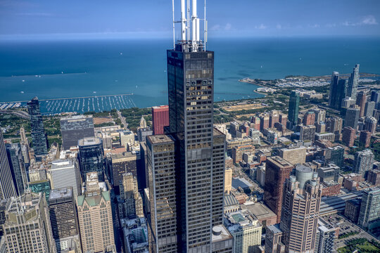 Aerial Drone shot of the Sears Tower facing East