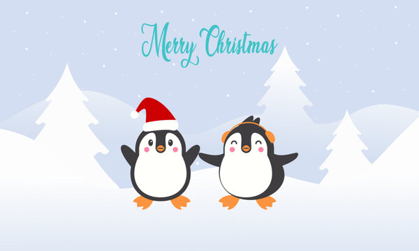 Merry christmas card with cute winter penguins vector illustration