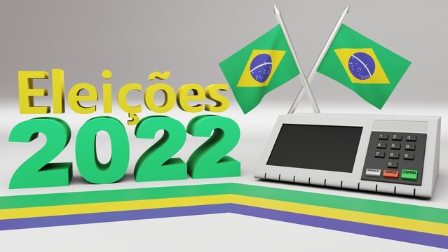 Renderiza&ccedil;&atilde;o 3d de urna eletr&ocirc;nica com bot&otilde;es dizendo em portugu&ecirc;s: "branco", "corrige" e "confirma", com letras em 3d dizendo: "elei&ccedil;&otilde;es 2022", e bandeiras do Brasil.
