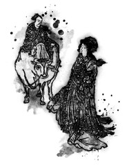浮世絵　織姫＆牛にのっている彦星　インクバージョン
 - obrazy, fototapety, plakaty