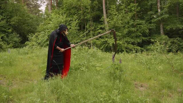 Black Reaper With Animal Skull Trying To Hit Wildflowers With Scythe. wide