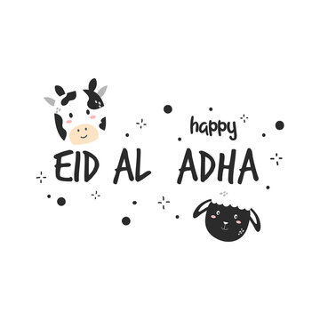 eid adha cartoon cute with goat and cow