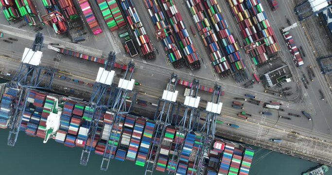 Shenzhen ,China - Circa 2022: Aerial footage of Yantian international container terminal in Shenzhen city, China