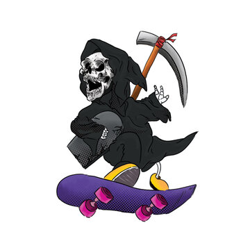 cute grim reaper illustration picking up death by riding a skate board