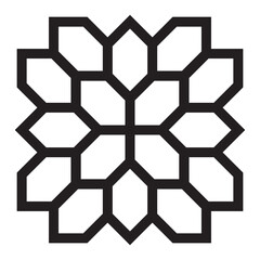 Geometric motif from a symmetrical grouping of hexagon shapes. Outline design in black color.