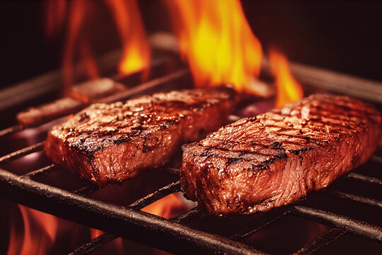 Grilled beef steak medium rare on fire (Selective Focus). 3D Illustration.