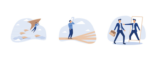 Innovative way to win business competition, confused businessman thinking make decision on multiple route ahead, frustrated businessman looking at mirror with his shadow encourage his confidence, set 