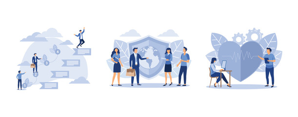 the schedule for the online presentation shows the process of the project, planet earth protected, family doctor, set flat vector modern illustration