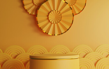 Chinese new year style gold border circle plinth with paper fans and chinese water wave pattern on yellow abstract background