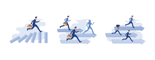 businessman running on top of domino effect, robot competition human worker and win, people run to their goal along the arrow to the cutter, set flat vector modern illustration