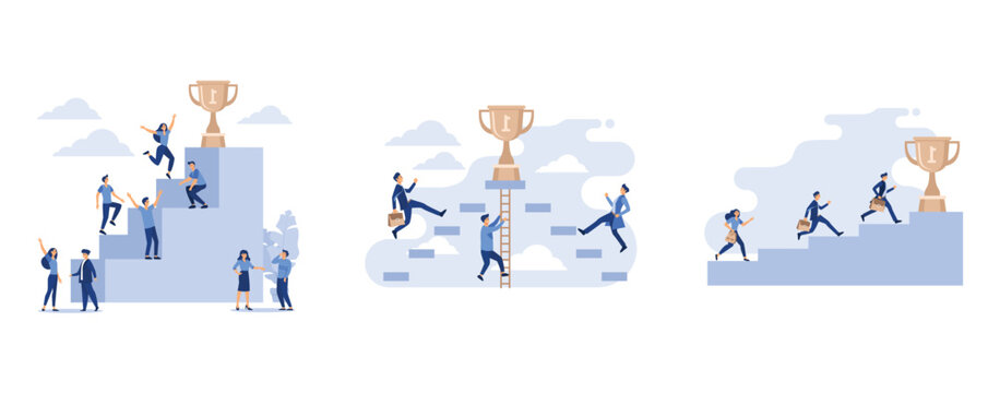 businessmen climb the ladder to the goal in the form of a golden cup, Ttree businessmen climb the ladder to the goal on the trophy on sky, team running to the top, set flat vector modern illustration