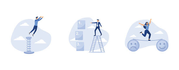 confidence businessman leader jumping springboard up high in the sky, young entrepreneur businessman manage to prioritize sticky note with number first, second and third, depressed woman walk the line