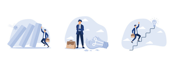 Fototapeta premium Entrepreneur help pushing bar graph falling in economic collapse from COVID-19 virus pathogen, uninspired or motivation after business failure, businessman start walking on electricity line as stairwa