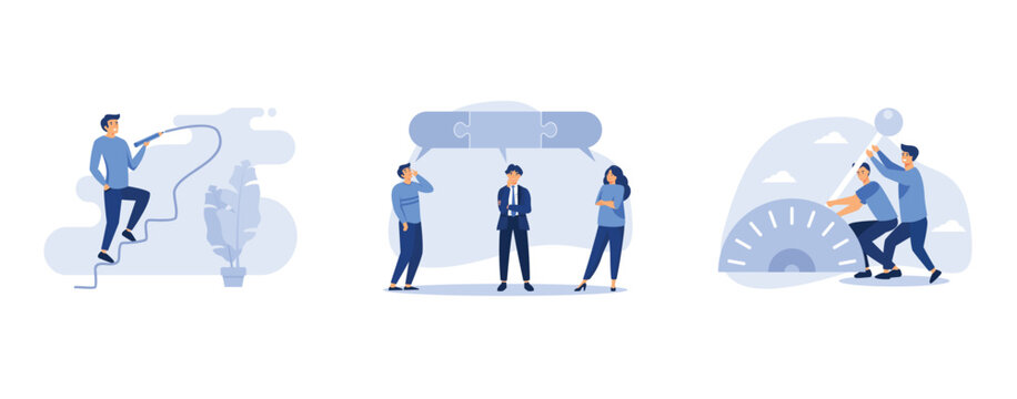 the path to the target's achievement, smart business people team with connected jigsaw puzzle speech bubble, businessman team shifting transmission knob to faster new level, set flat vector modern ill