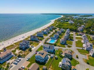 Seagull Beach aerial view in summer in West Yarmouth, Cape Cod, Massachusetts MA, USA. 