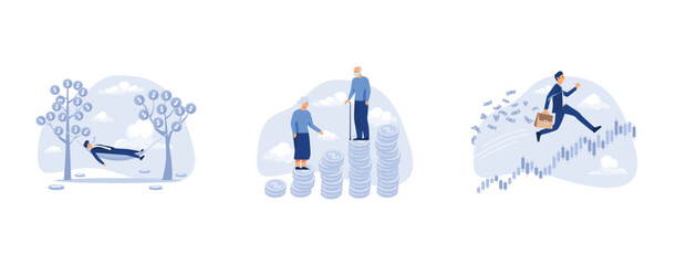 Passive income, planning for wealth and expense for living after retire concept, confidence businessman investor with money briefcase running on candlestick graph, set flat vector modern illustration