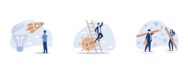 Muurstickers Innovation to launch new idea, businessman leader holding telescope on top of ladder above Coronavirus pathogen, social distancing, set flat vector modern illustration © Alwie99d
