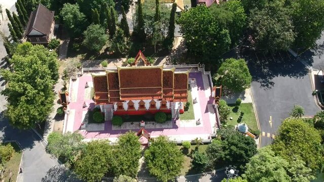 Thai temple sculpture surrounded by nature high angle view, drone, 