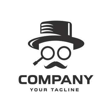 Face of an old man wearing magnifying glasses, black hat, with mustache logo design.