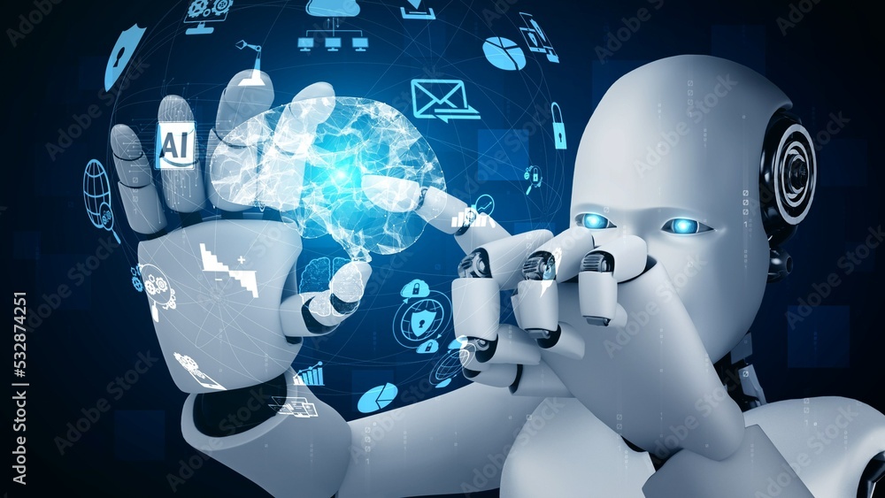 Poster robot hominoid hold hud hologram screen in concept of ai thinking brain, artificial intelligence and